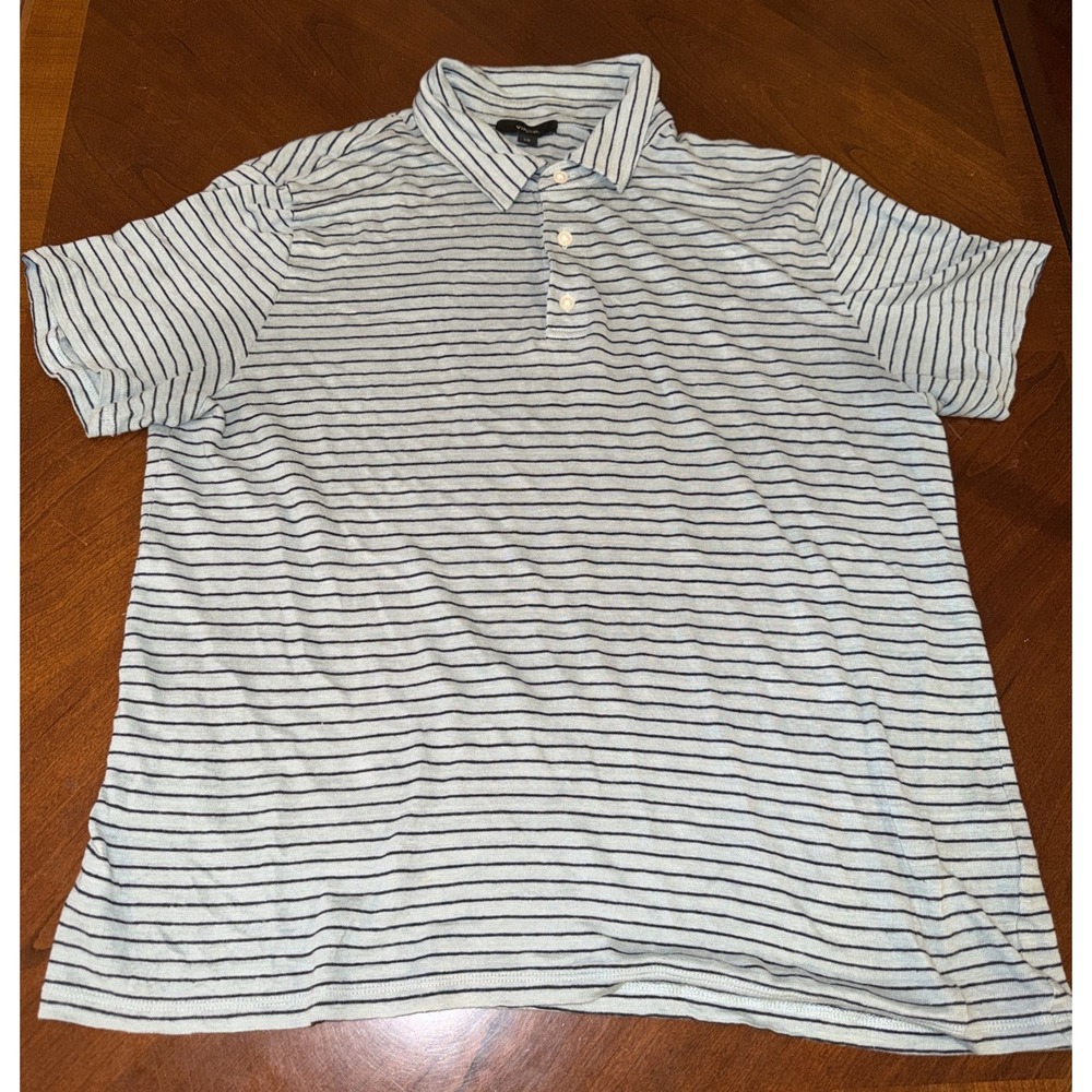 Vince 100% Linen Size Large Blue Black Stripe Short Sleeve Polo Shirt
